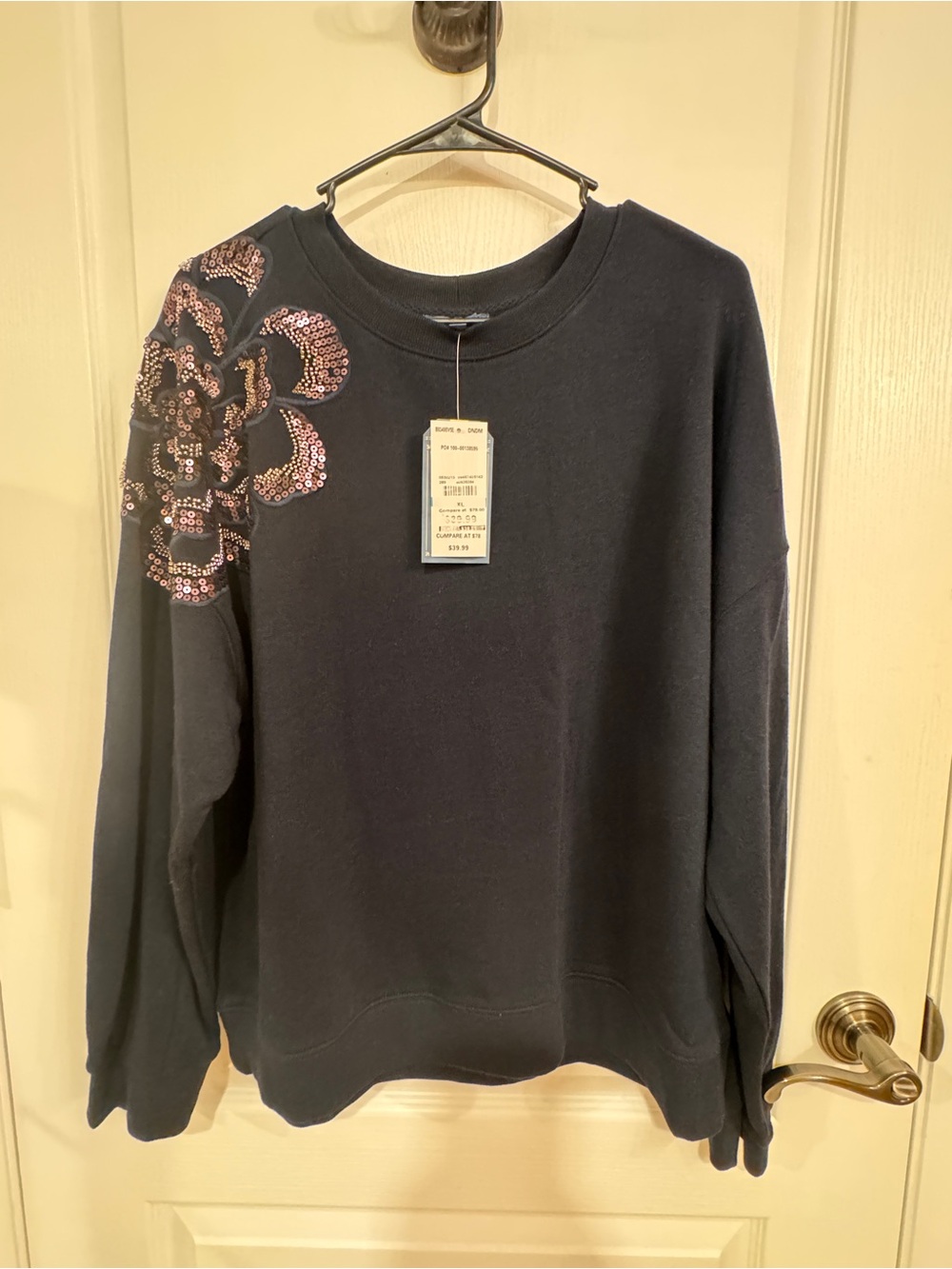 Democracy Black Crewneck Sweater with Sequin Floral Shoulder